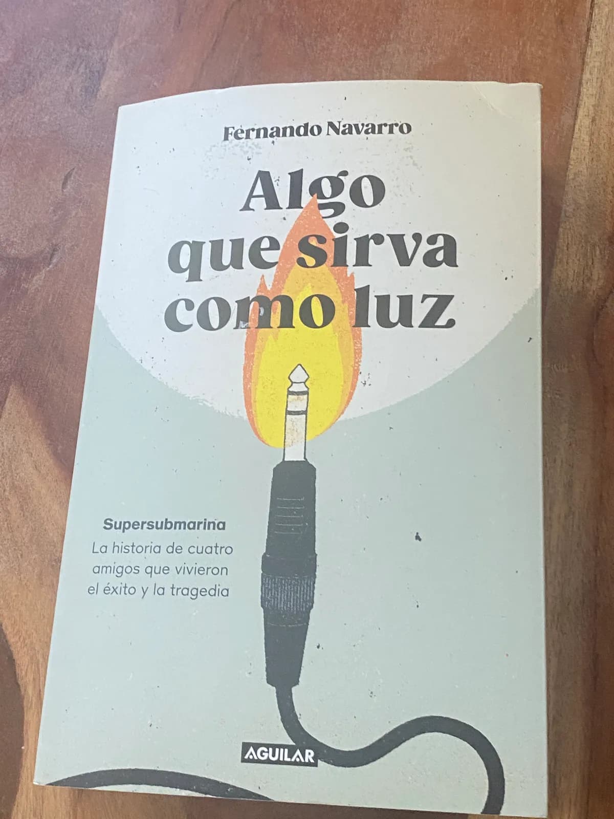 Libro de segunda mano 'Algo que sirva como luz' de Fernando Navarro con ilustración de jack de audio en llamas.