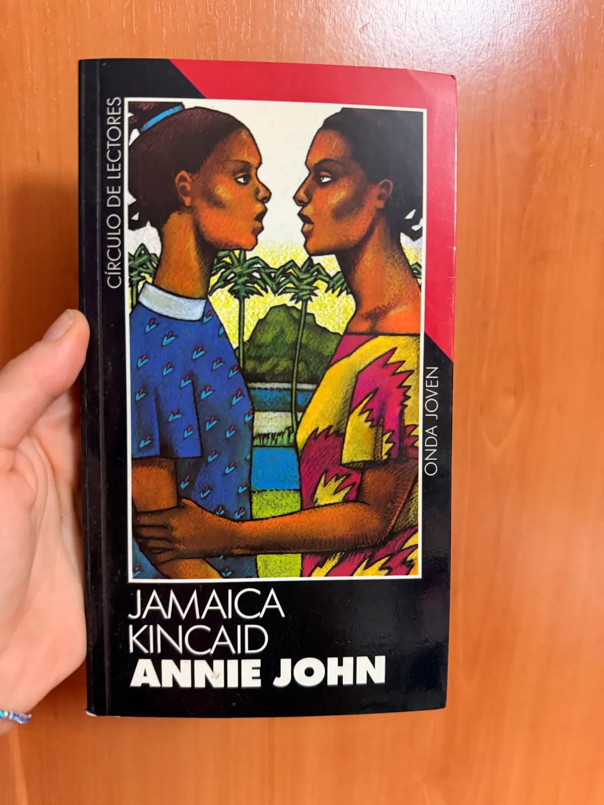 Libro de segunda mano "Annie John" de Jamaica Kincaid, con portada de dos mujeres y paisaje caribeño.